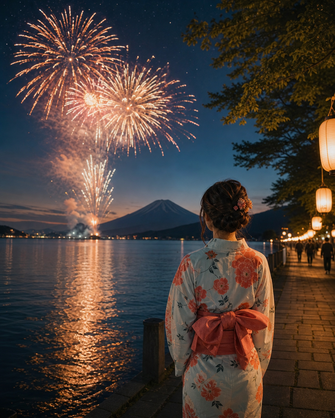 浴衣旅人在湖边观看花火的纪念照效果示意